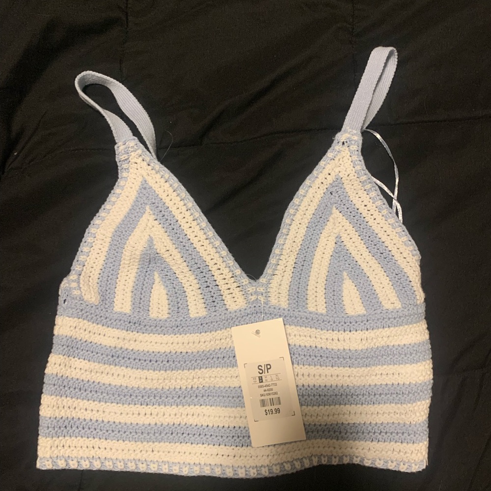 Blue & white striped knit crop top